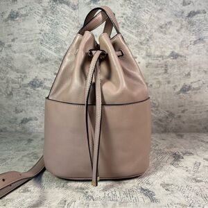 Cuyana Mini Bucket Bag Drawstring Leather Purse in Nude color soft Leather